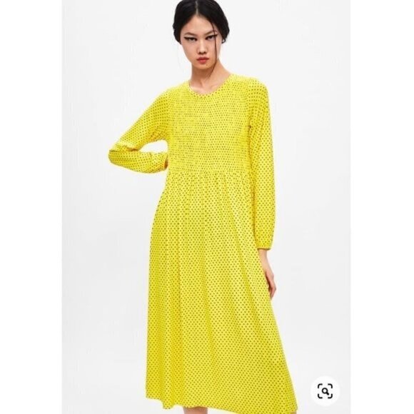 Zara Maxi long sleeve yellow polka dot dress size L - Picture 1 of 10